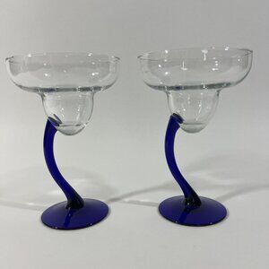 Set 2 Libbey Bravura Cobalt Blue Curved Stem Margarita Glasses 7 1/4" 10 oz.